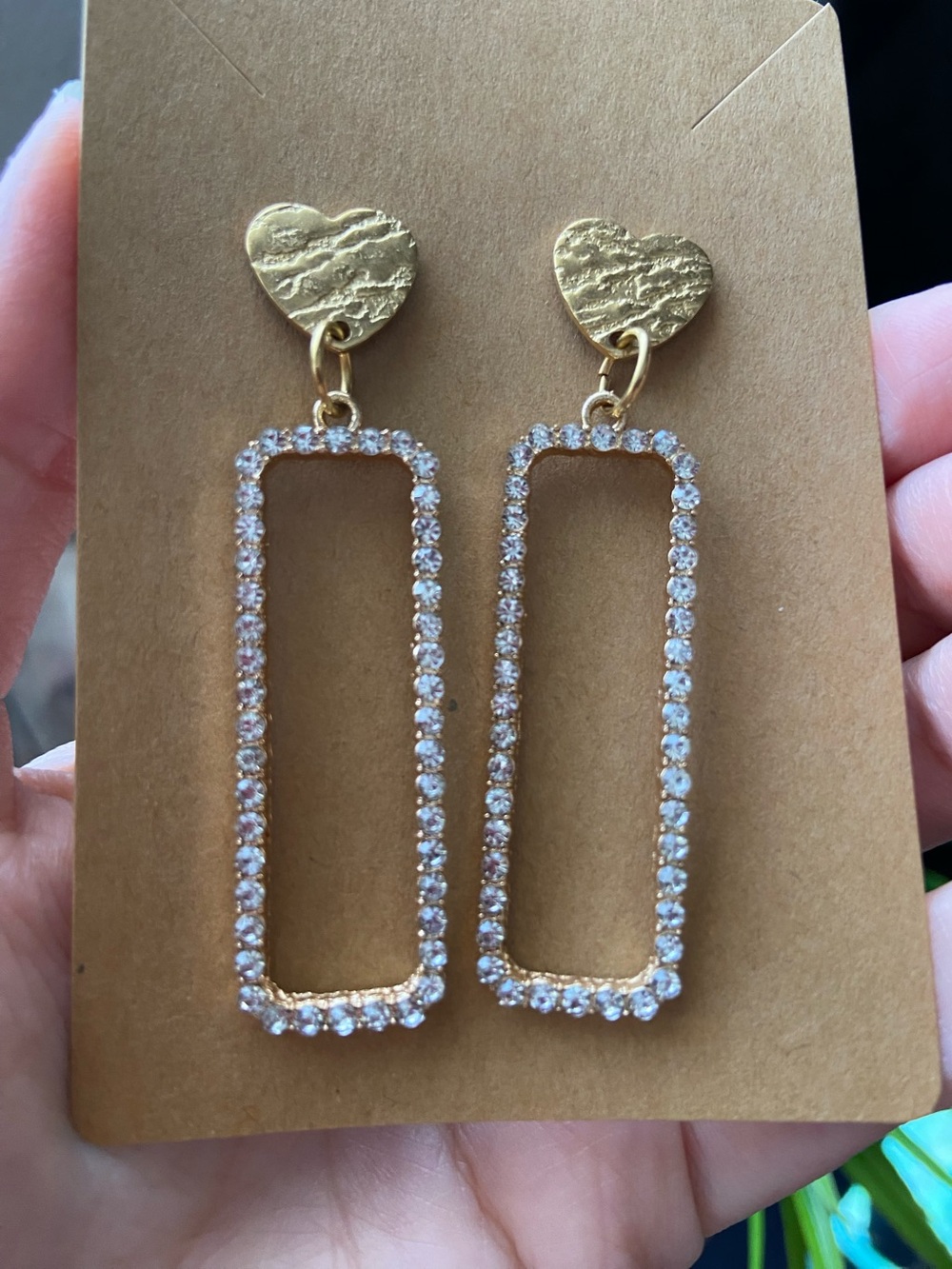 Gold Heart Top Rectangular Crystal Drop Earrings